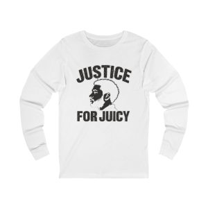 Justice for Juicy Long Sleeve Tee – Dark Print – White – product mockup