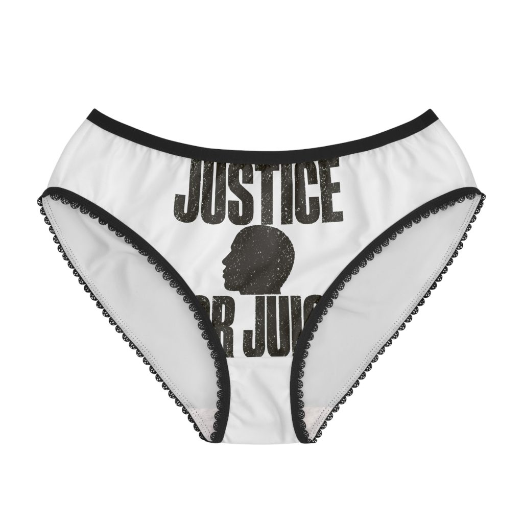 Justice for Juicy Panties – Dark Print – White / Black Trim – product mockup