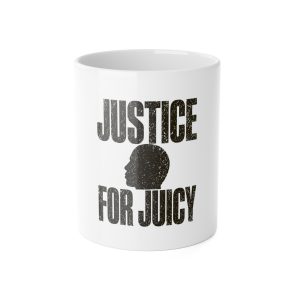 Justice for Juicy Mug – Dark Print – White – product mockup