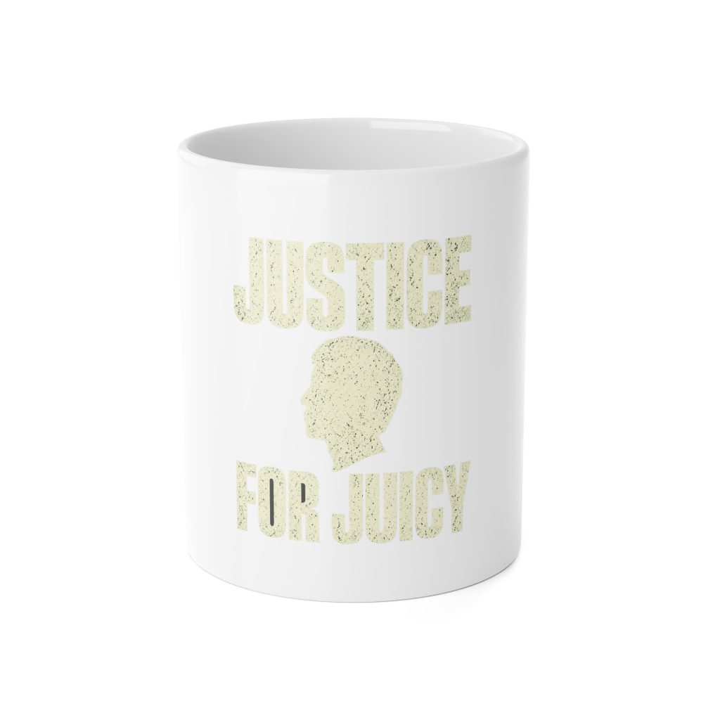 Justice for Juicy Mug – Cream Print – White – product mockup
