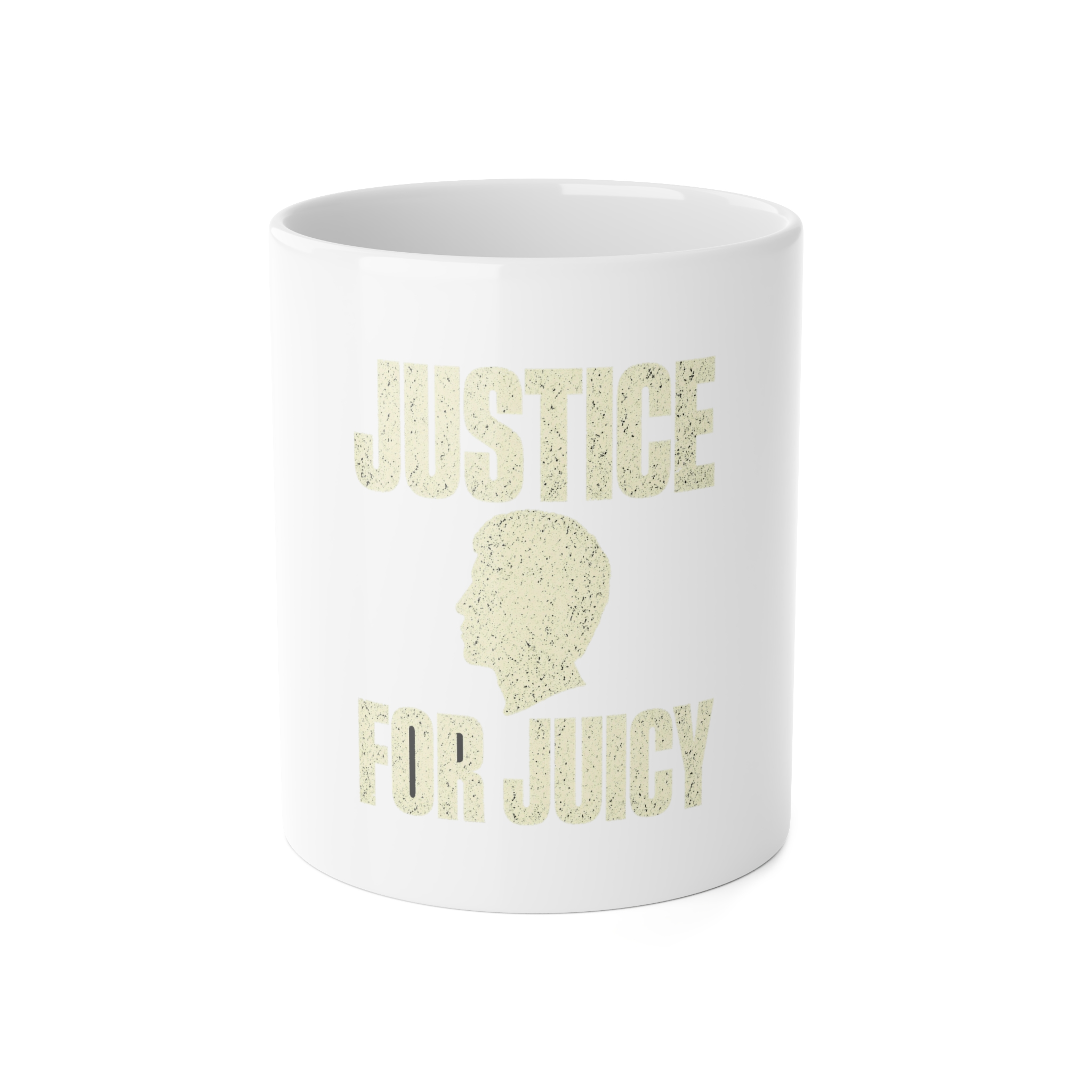 Justice for Juicy Mug – Cream Print – White – product mockup