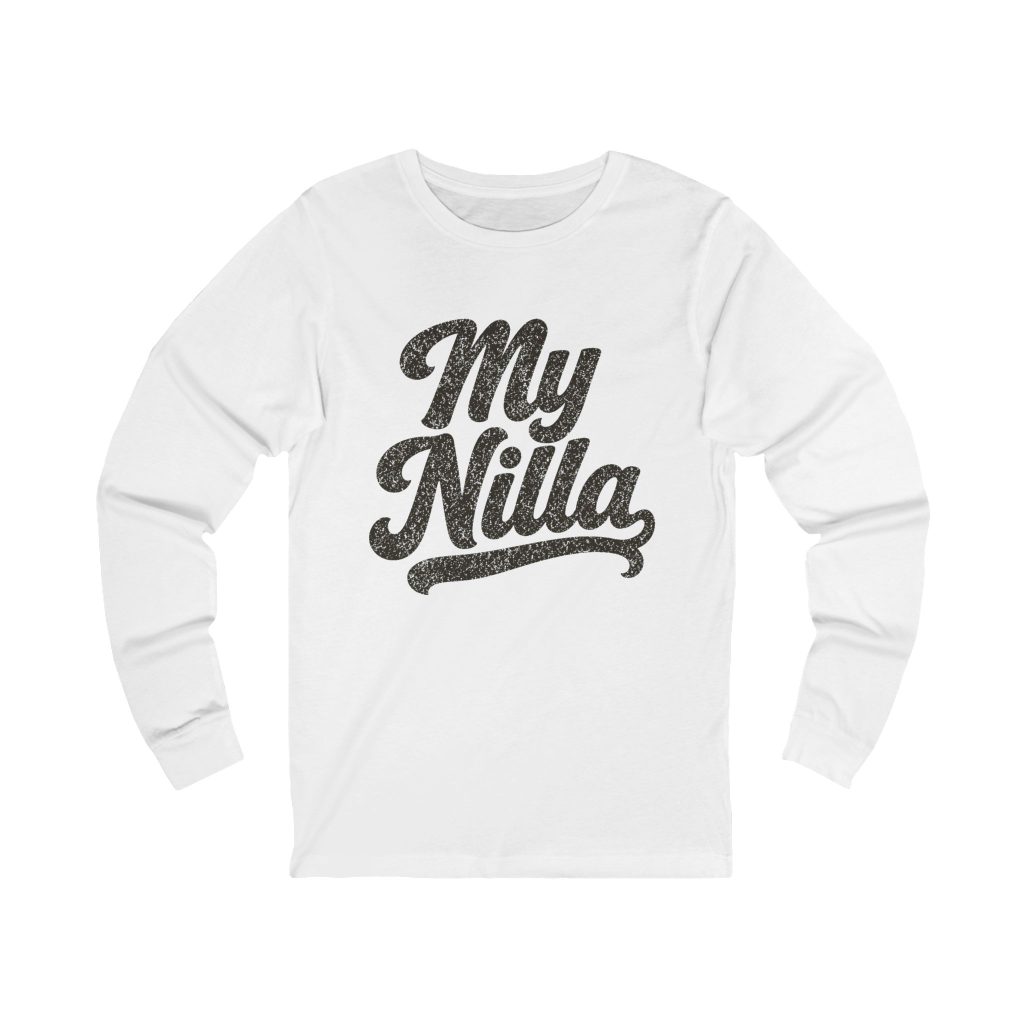 My Nilla Long Sleeve Tee – Dark Print – White – product mockup