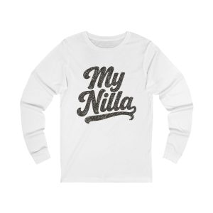 My Nilla Long Sleeve Tee – Dark Print – White – product mockup