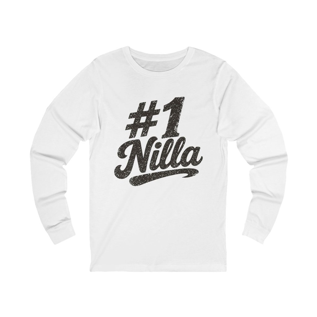 #1 Nilla Long Sleeve Tee – Dark Print – White – product mockup