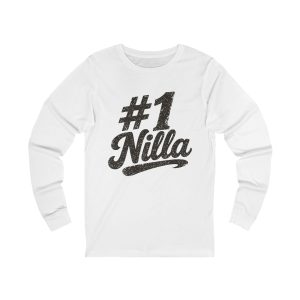 #1 Nilla Long Sleeve Tee – Dark Print – White – product mockup